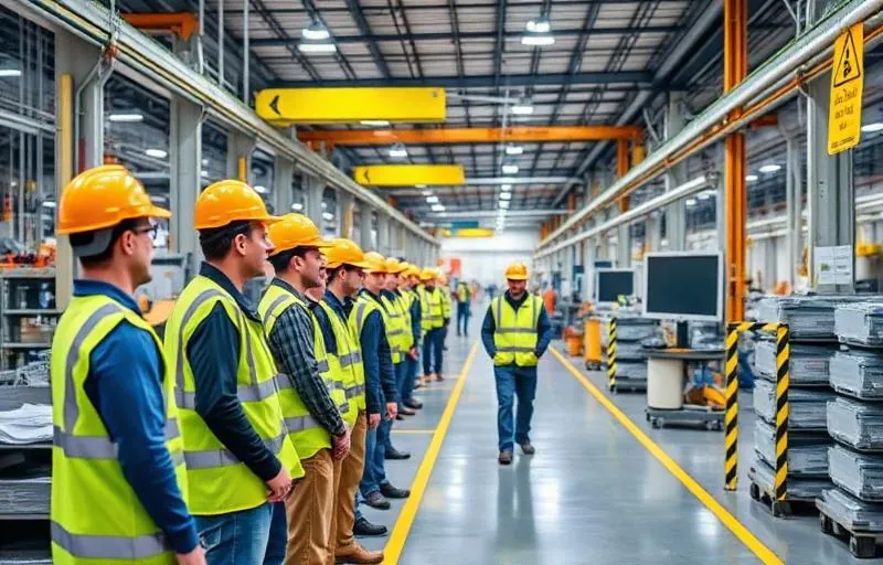 Industrimedarbetare i skyddsutrustning arbetar säkert vid en maskin i fabriken