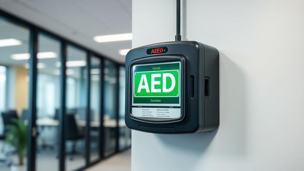 Väggmonterad hjärtstartare i ett skåp i en kontorskorridor