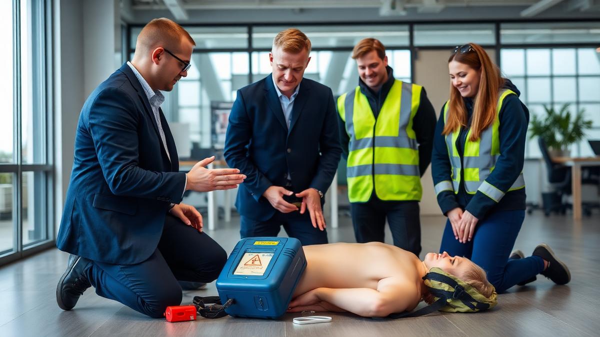 Medarbetare på ett företag övar HLR i grupp med instruktör