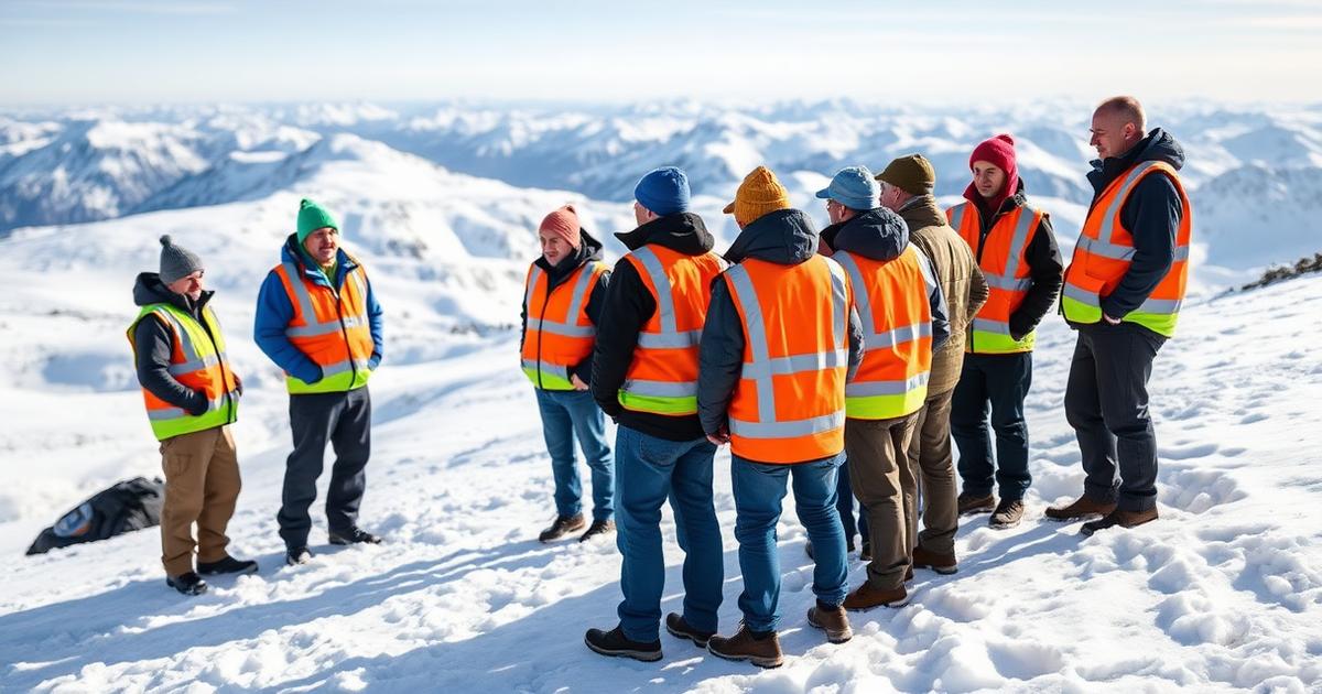 Deltagare i vinterkläder övar säkerhet utomhus i svensk fjällmiljö under en företagsutbildning