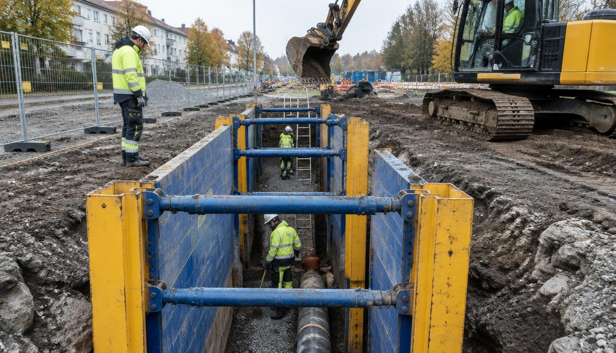Schakt med stödkonstruktion och arbetare i skyddsutrustning