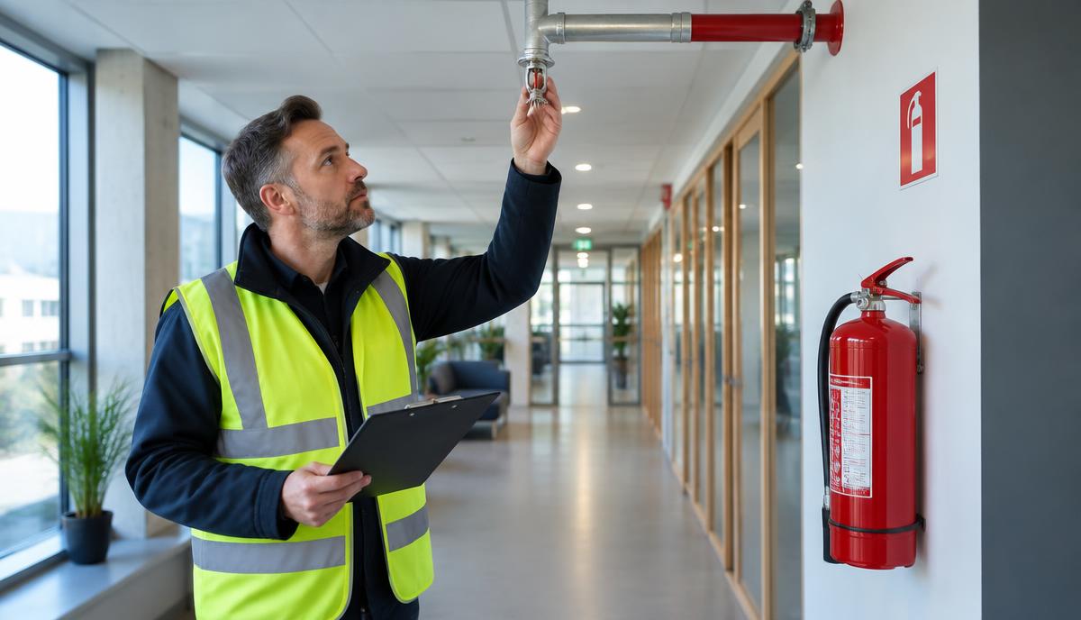 Brandskyddsansvarig kontrollerar sprinkler och brandsläckare
